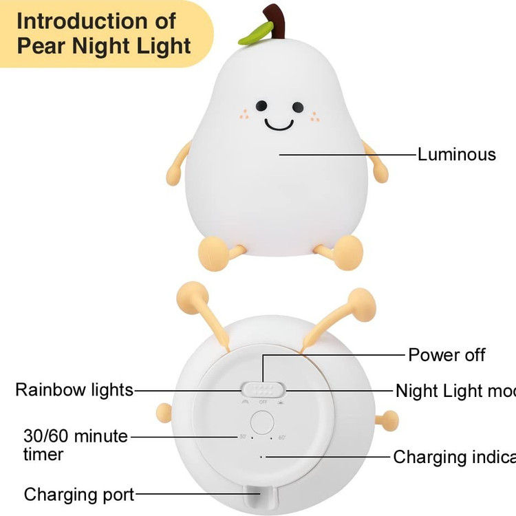 چراغ خواب طرح گلابی پینترستی سیلیکونی لمسی رومیزی شارژی فانتزی کودکانه Cute Fruit Pear lamp Silicone Night Light USB Rechargeable 🍐